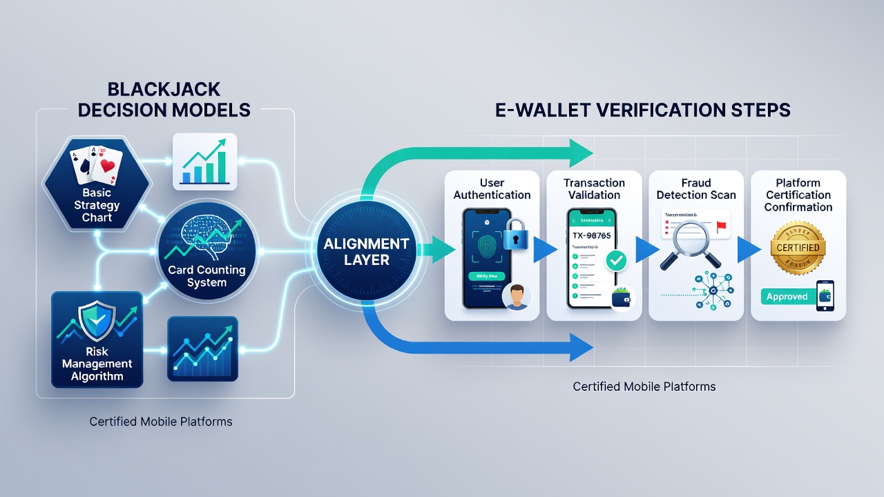 Diagram dat blackjack beslissingsmodellen vergelijkt met e-wallet verificatiestappen op mobiele platforms