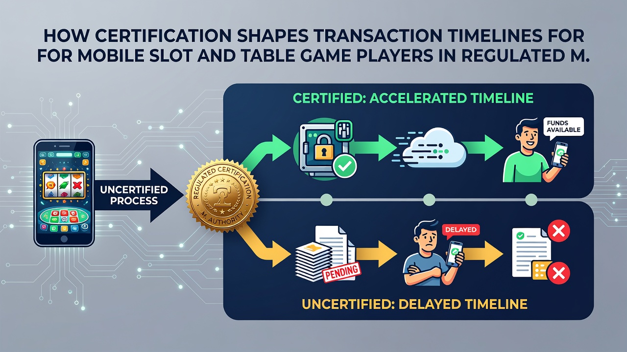 Grafiek die transactietijden vergelijkt tussen gecertificeerde en niet-gecertificeerde mobiele casino platforms voor slots en tafelspellen