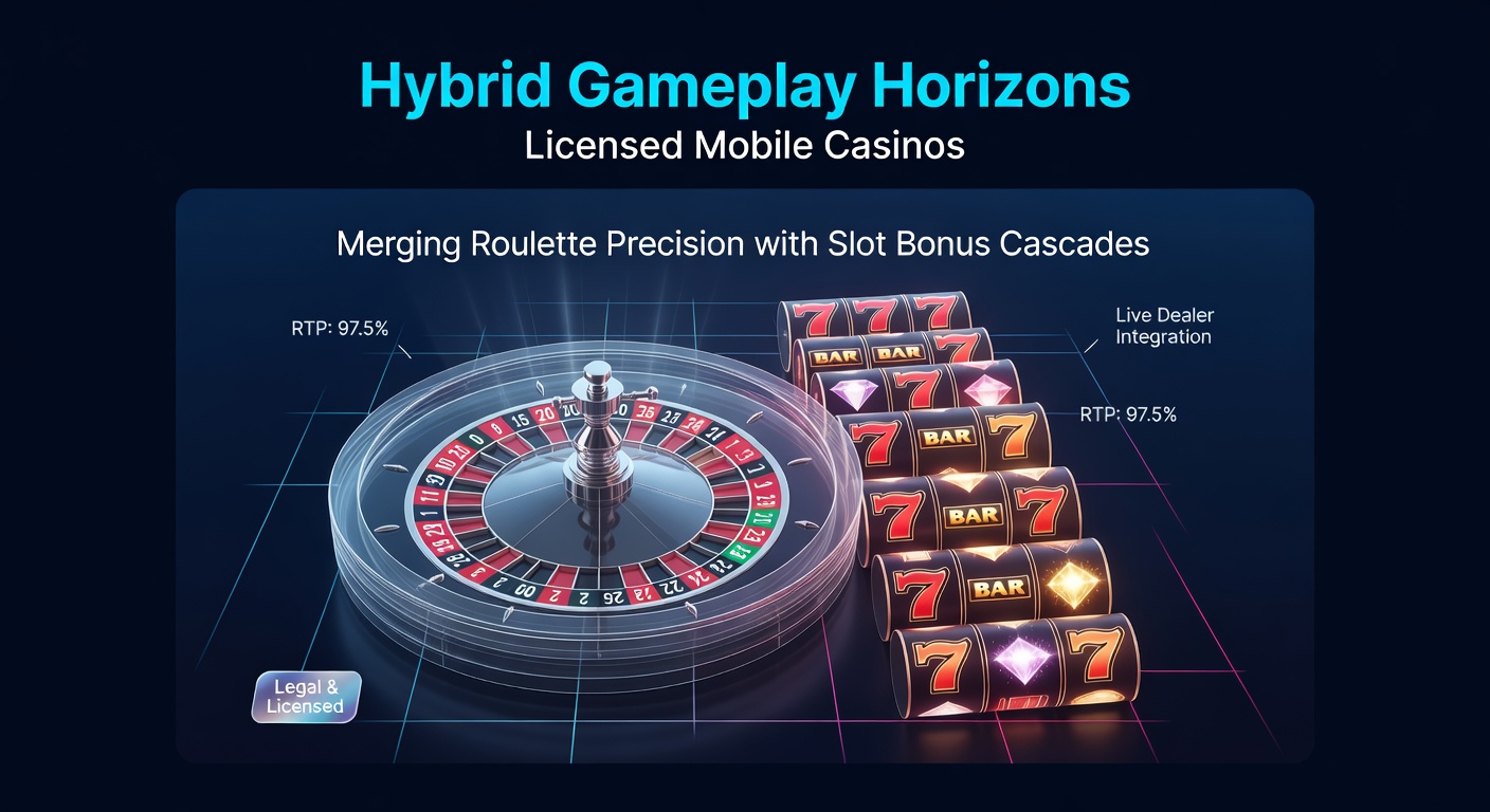 Schermafbeelding van een hybride mobiel casinospel waar roulettewiel en slotrollen naadloos overgaan in bonusrondes met vallende symbolen en multipliers