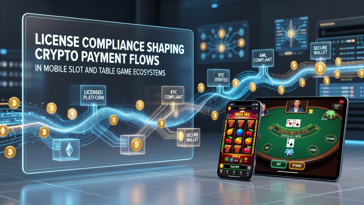 Illustratie van licentievereisten en crypto betalingsstromen in mobiele gokecosystemen
