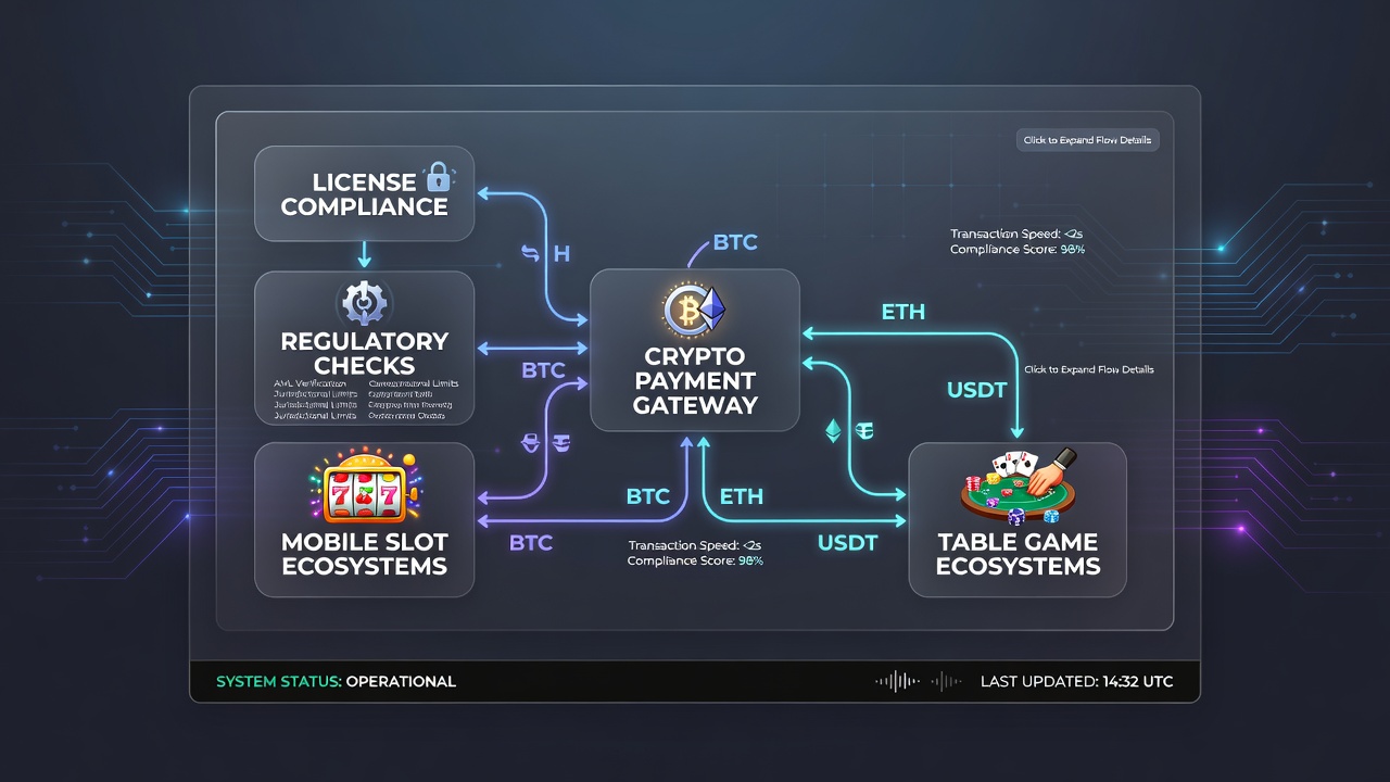 Diagram van betalingsstromen met crypto in gelicentieerde mobiele casino platforms