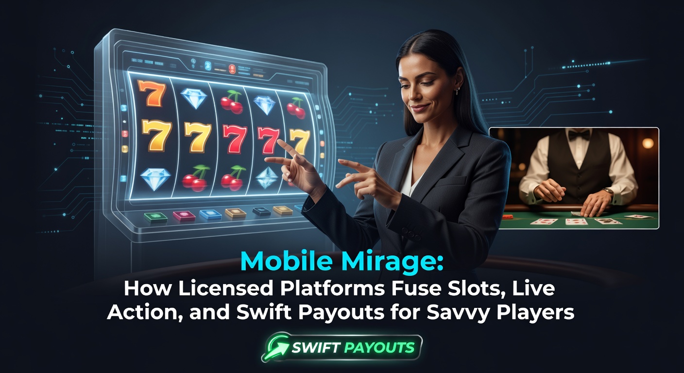 Mobiele interface van een gelicenseerd casino met slots en live dealer tafels naast elkaar op een smartphone-scherm, inclusief snelle uitbetalingsopties