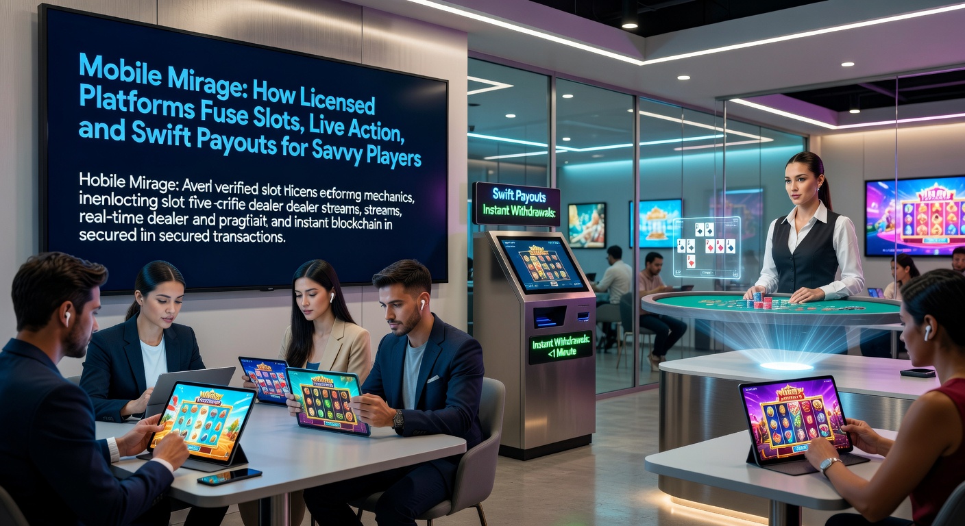 Smartphone met split-screen: links een draaiende slotmachine, rechts een live dealer aan een roulette-tafel, met uitbetalingsknop zichtbaar in de interface