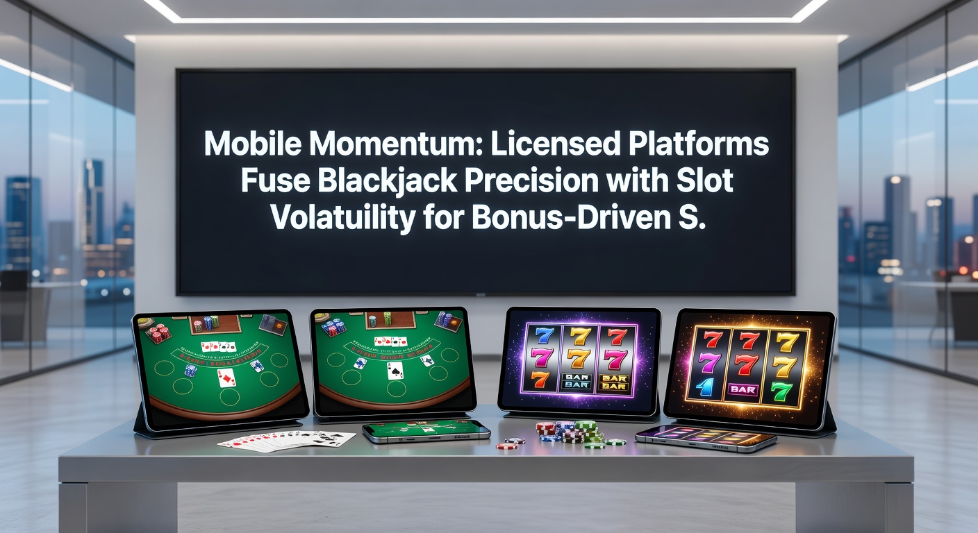 Slotwiel met blackjackkaarten en bonusmeters op een mobiel scherm, symboliserend fusie en volatiliteit
