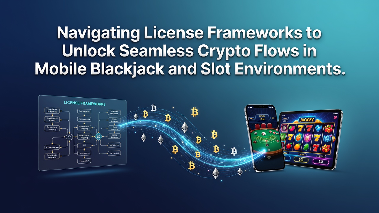 Illustratie van mobiele blackjack en slotinterfaces met crypto-integratie onder licentiekaders