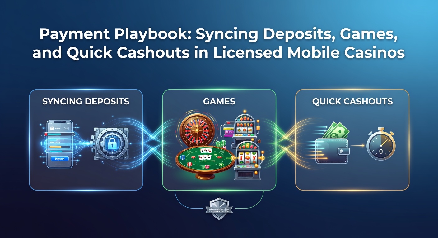 Grafiek van een naadloze betalingsflow in een mobiel casino, met pijlen die stortingen, spellen en uitbetalingen verbinden