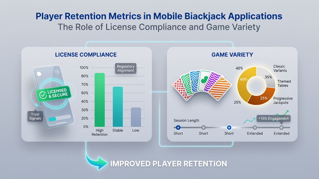 Mobiele blackjack app interface met diverse speltafels en licentie badges