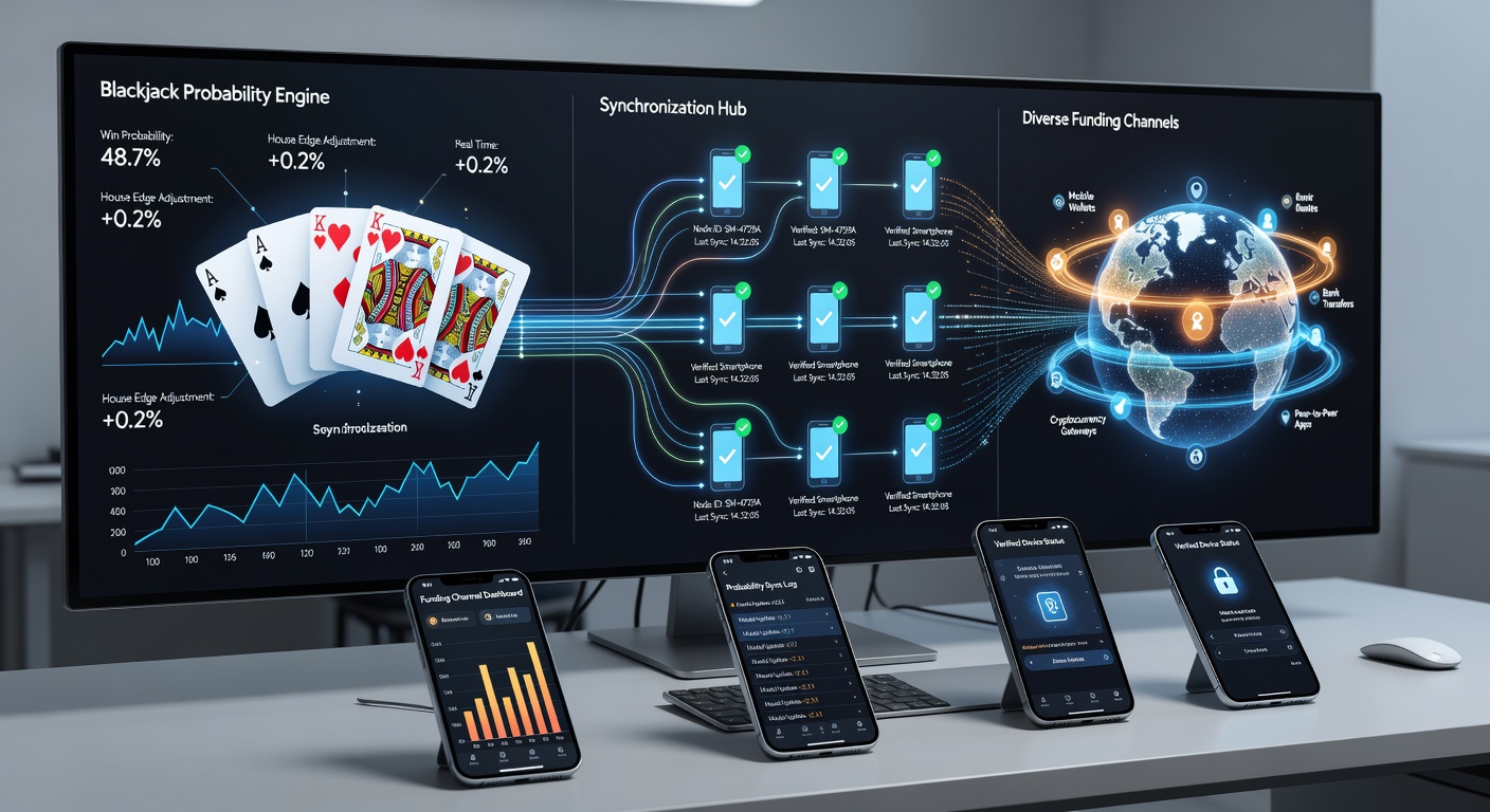 Smartphone interface met gesynchroniseerde blackjack modellen en betaalkanalen