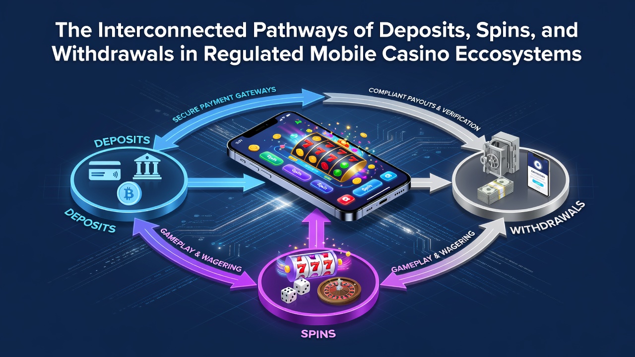 Illustratie van verbonden financiële stromen in mobiele casino platforms met focus op stortingen en spins
