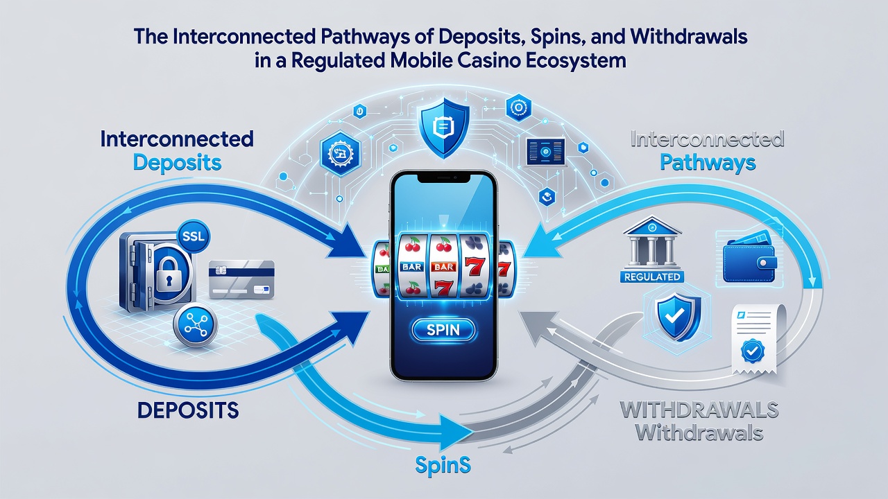 Diagram van realtime transactiestromen tussen mobiele apparaten en casino servers met nadruk op spins en uitbetalingen